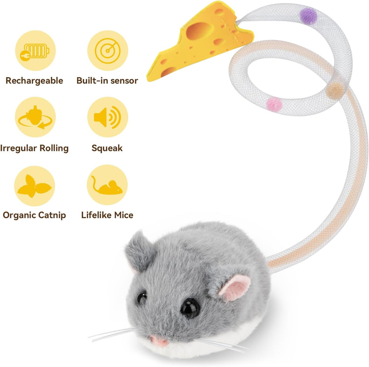 Migipaws Interactive MigiMouse Cat Toy 360° Rolling & Spin with Wiggling Tail for Indoor Cats Smart Motion Sensor, Realistic Squeak, Rechargeable