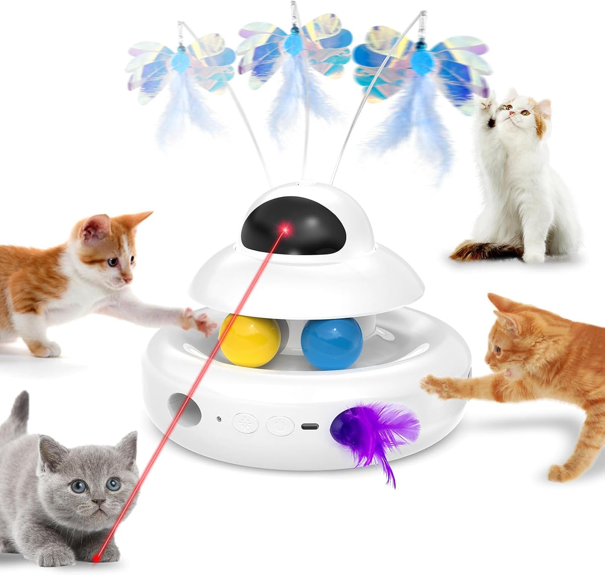 Interactive Cat Toys for Indoor Cats,4-in-1 Automatic Kitten Toy with Laser, Fluttering Butterfly, Moving Feather & Track Balls, USB Rechargeable