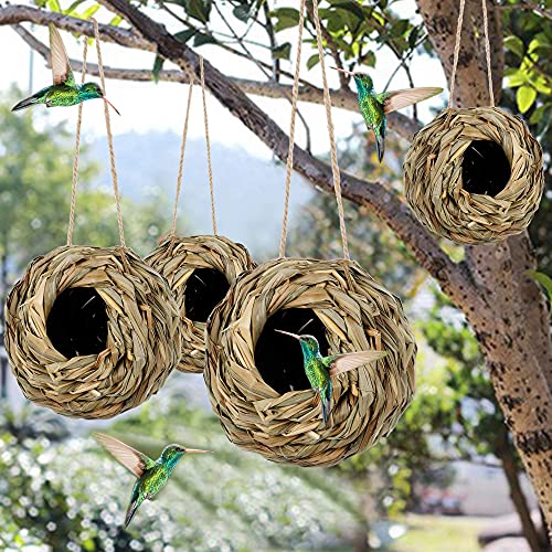 winemana 4 Pack Hanging Bird Nest House for Outside, Ball Shape, Hand Woven, Durable Sturdy, Made of Natural Grass, Perfect for Garden Patio Lawn