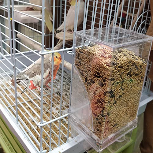Hamiledyi No Mess Bird Cage Feeder Automatic Parrot Seed Feeders with Perch Acrylic Transparent Seed Food Container Cage Accessories for Small and