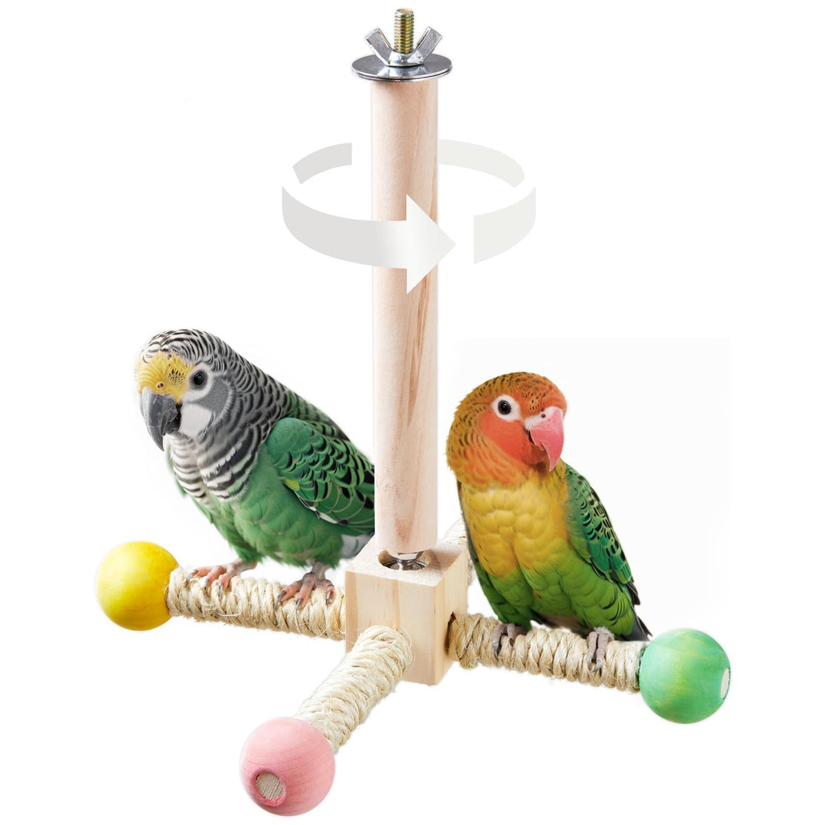 Bird Stand Perch Toy, Interactive Spinning Parakeet Toys, Wooden Exercise Wheel Parrot Toy, Enrichment Cockatiel Toy for Birds Cage, Bird Cage