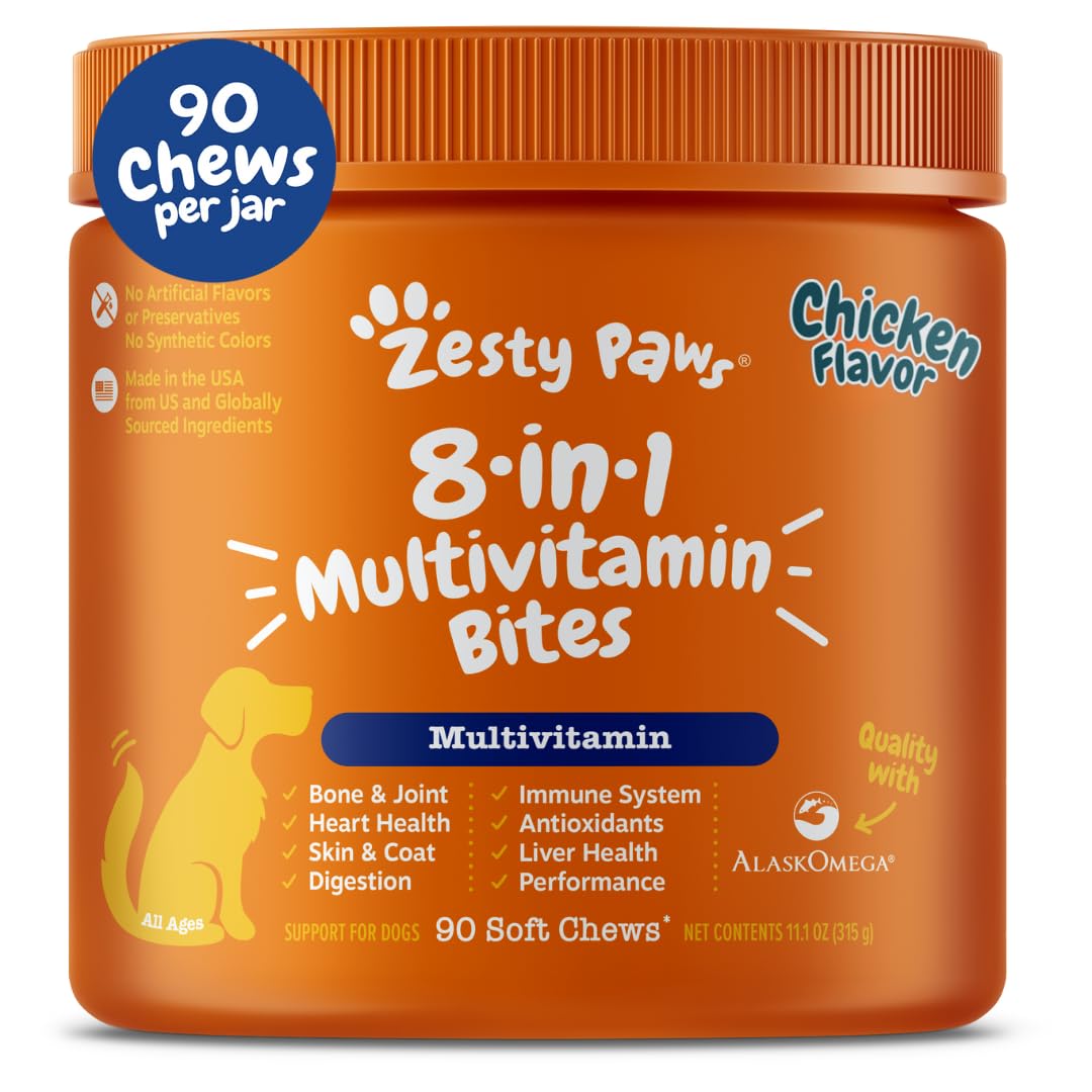 Zesty Paws Dog Multivitamin, Chewable Dog Vitamins and Supplements for Hip & Joints, Skin & Coat, Omega 3 Fish Oil for Dogs- Senior & Puppy