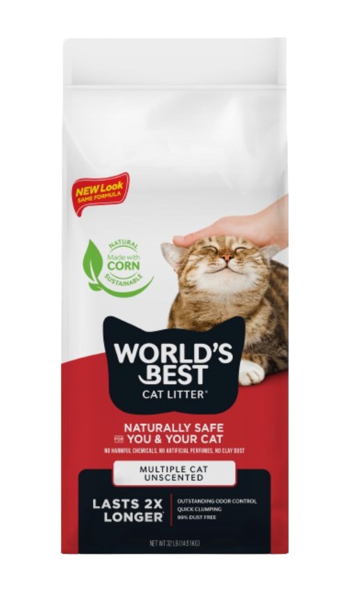 WORLD'S BEST CAT LITTER Multiple Cat Unscented, 32-Pounds - Natural Ingredients, Quick Clumping, Flushable, 99% Dust Free & Made in USA