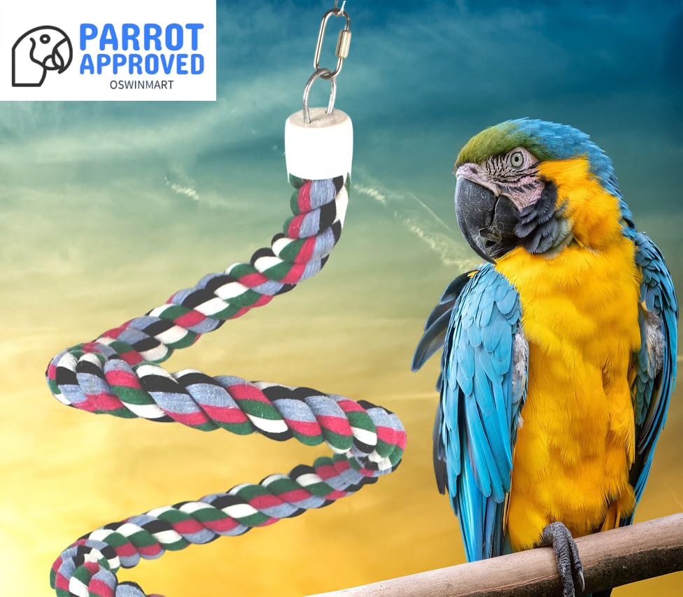 94.4inch Length Colorful Cotton Bendable Rope Perch Swing Bird Chew Toys  Parrots Cage Toys with Bell Swing Climbing Standing Bungee Bird Toys for