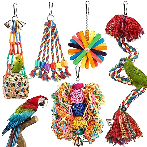 Bird Toys Rope Perch with Bell Colorful Bird Chewing Shredding Foraging Toys Parrot Swing Climbing Standing Hanging Toys Cage Accessories for Conure