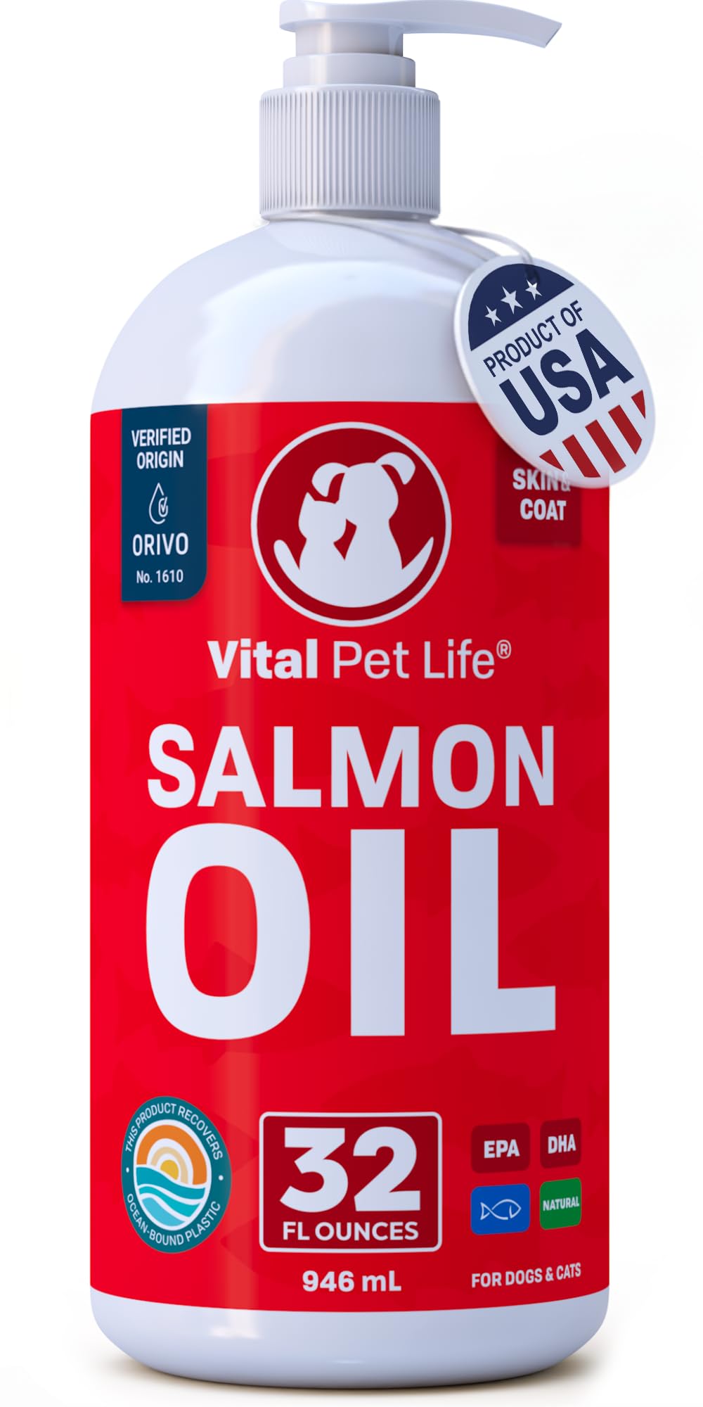 Salmon Oil for Dogs & Cats - Healthy Skin & Coat, Fish Oil, Omega 3 EPA DHA, Liquid Food Supplement for Pets, All Natural, Supports Joint & Bone