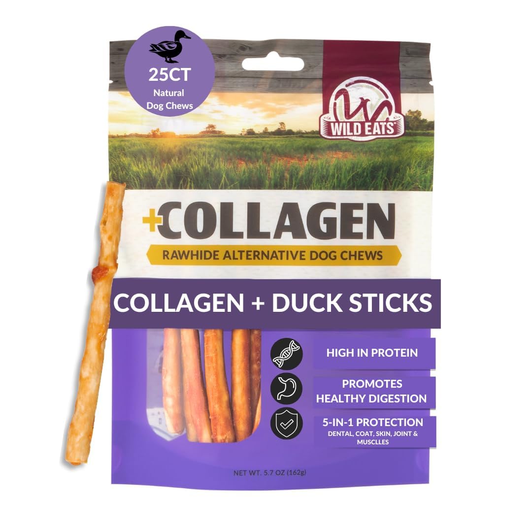 Wild Eats Real Duck Collagen Bully Sticks for Dogs (25 Pack,5 Inch) Long Lasting Dog Chews No Hide Dog Treat Bully Stick Alternative, Rawhide Free