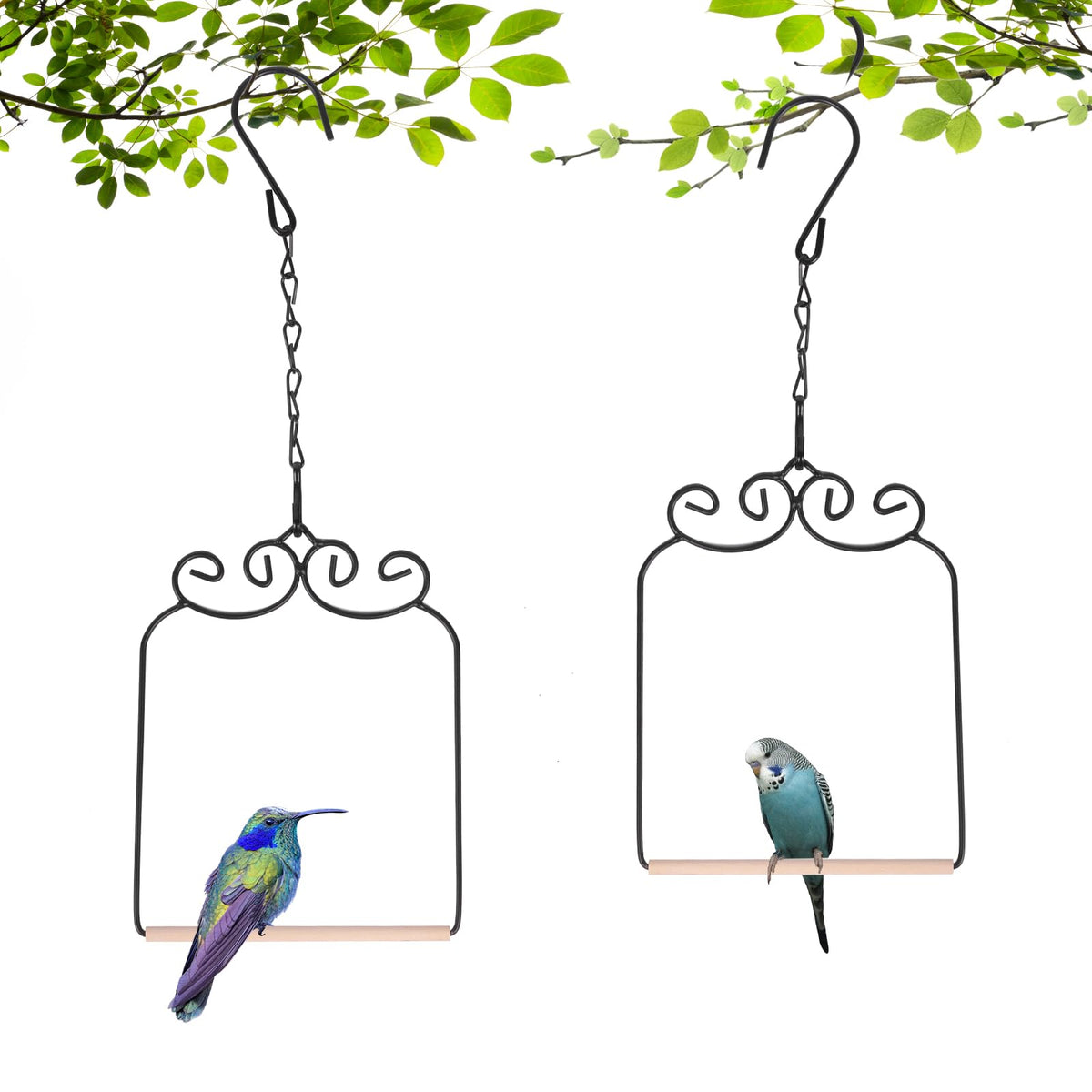 2PK Metal Frame Hummingbird Swings and Perches with Wooden Dowel Black Bird Swing Outdoor Bird Perch Humming Bird Swing (2PK)