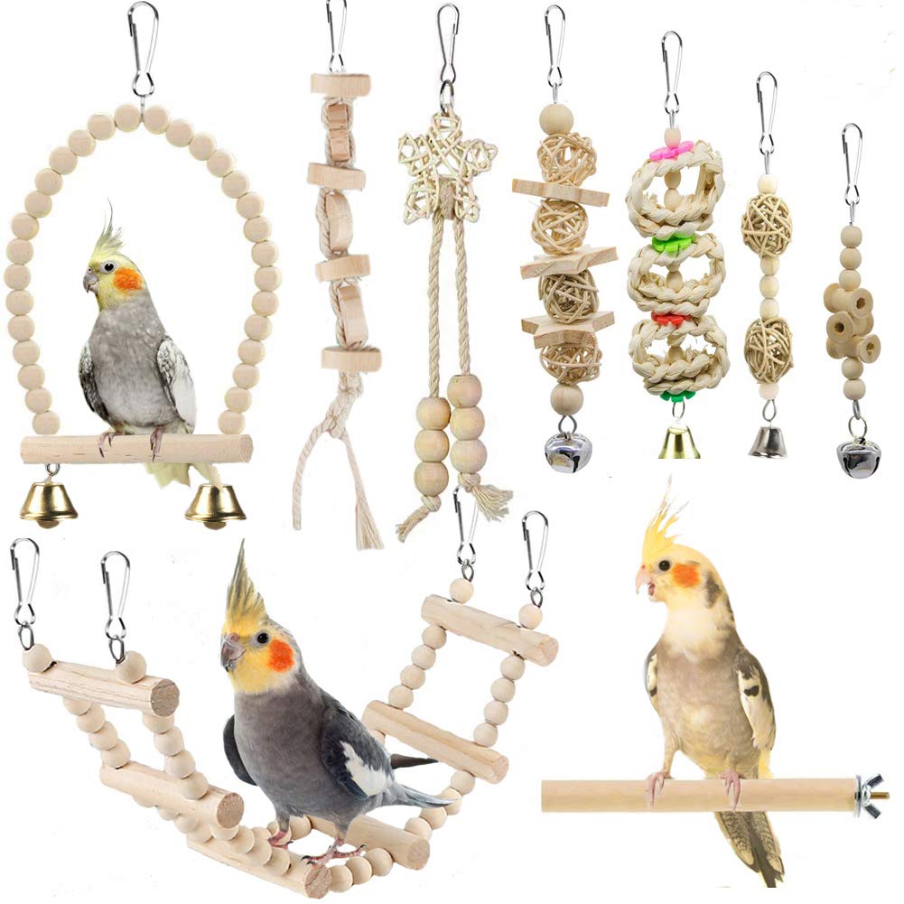 Bird Parrot Swing Toys, Chewing Standing Hanging Perch Hammock Climbing Ladder Bird Cage Toys for Budgerigar, Parakeet, Conure, Cockatiel, Mynah