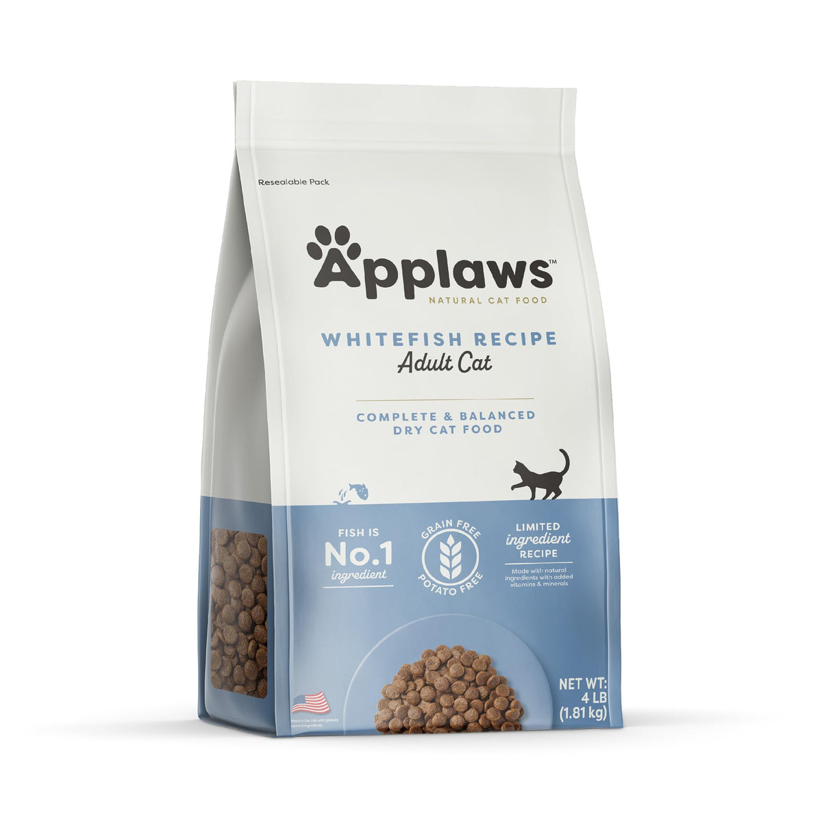 Applaws Complete Dry Cat Food, Grain-Free, Limited Ingredient with Added Vitamins & Minerals, Protein, Supports Digestion, Whitefish (4 Pound Bag)