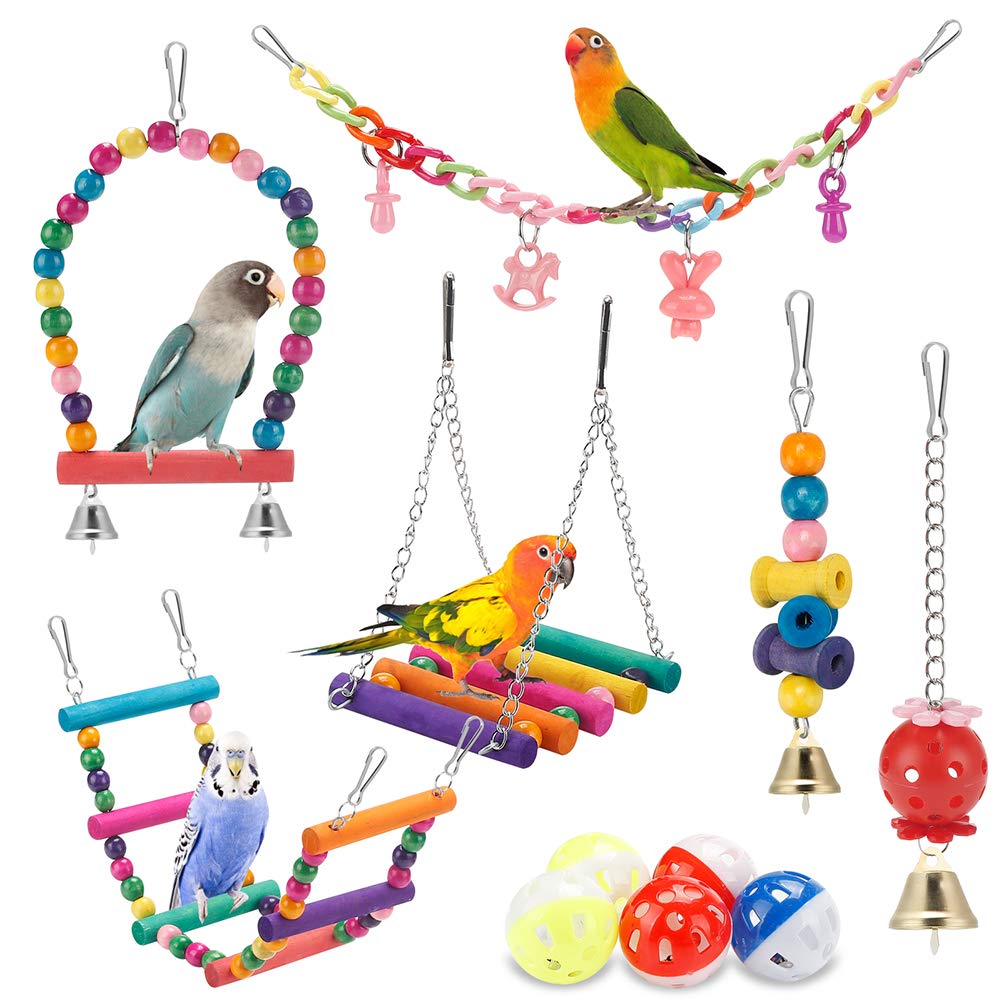 Swing Hanging Standing Chewing Toy Hammock Climbing Ladder, Cage Colorful Toys Suitable for Budgerigar, Parakeet, Conure, Cockatiel, Mynah, Love