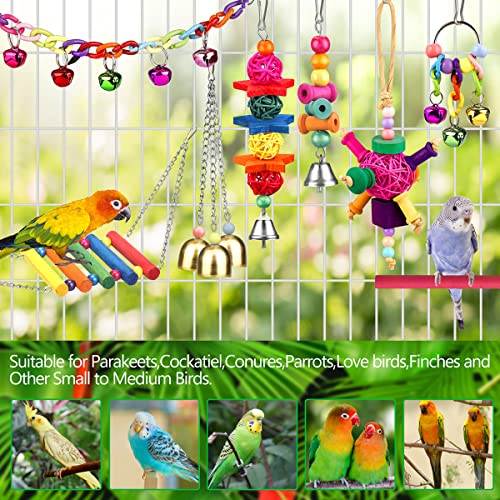 Bird Toys for Conures with Colorful Ladder Hammock Bird Cage Accerious Bird Perch Stand Chewing Toys Hanging Bell for Parrot Parakeet Cockatiel