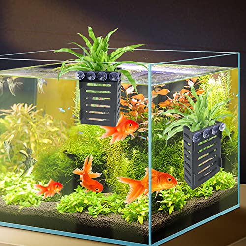 Aquarium Plant Holder 4 PCS Aquatic Plant Pot with 24 Hooks and 20 Suction Cups for Fish Tank Aquarium Planter and Aquascape Decorations (Black)