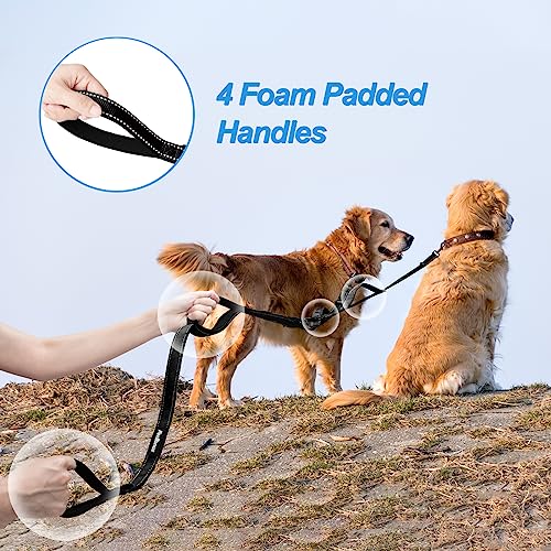 PetBonus Double Dog Leash, No Tangle Dual Leash, Reflective Walking Training Lead, 4 Comfortable Padded Handles for 2 Dogs with Collapsible Bowl and