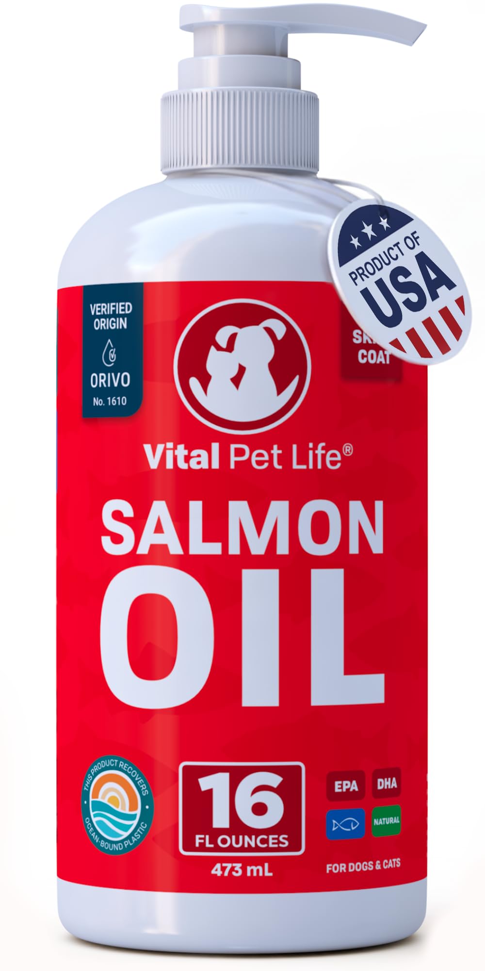 Salmon Oil for Dogs & Cats - Healthy Skin & Coat, Fish Oil, Omega 3 EPA DHA, Liquid Food Supplement for Pets, Supports Joint & Bone Health, Natural