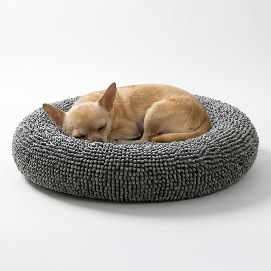 Muddy Mat® Cloud K-9 Dog Beds for Small Dogs & Cats, Soft & Relaxing Round Dog Bed, Chenille Material, Removable Cover, Washable & Dryer Safe – Grey