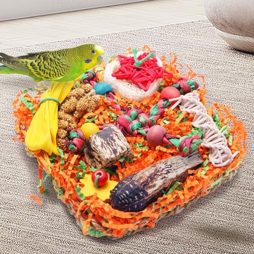 Bird Toys for Small & Medium Parrots - Natural Foraging & Shredding Cage Hanging Toys with Seagrass Mat, Starfruit, Loofah Slices for Budgies