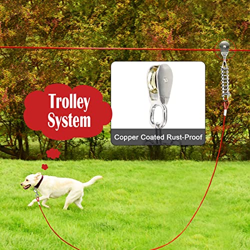 100FT Dog Runner for Yard with 15FT Tie Out Cable - Heavy Duty Trolley System for Large Dogs Up to 250LBS, Backyard/Park/Camping Use (Red, 100FT+15FT)