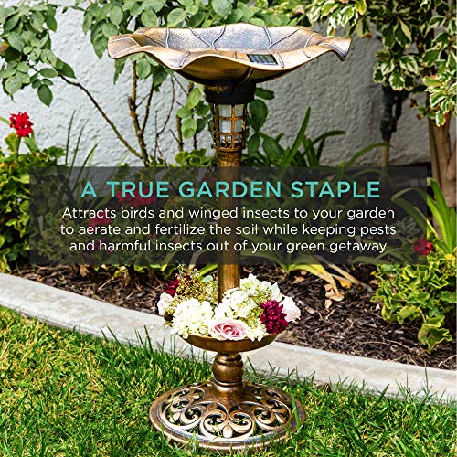 Best Choice Products Outdoor Solar Lighted Pedestal Bird Bath Fountain Decoration w/Planter, Integrated Panel, Scroll Accents for Lawn, Garden