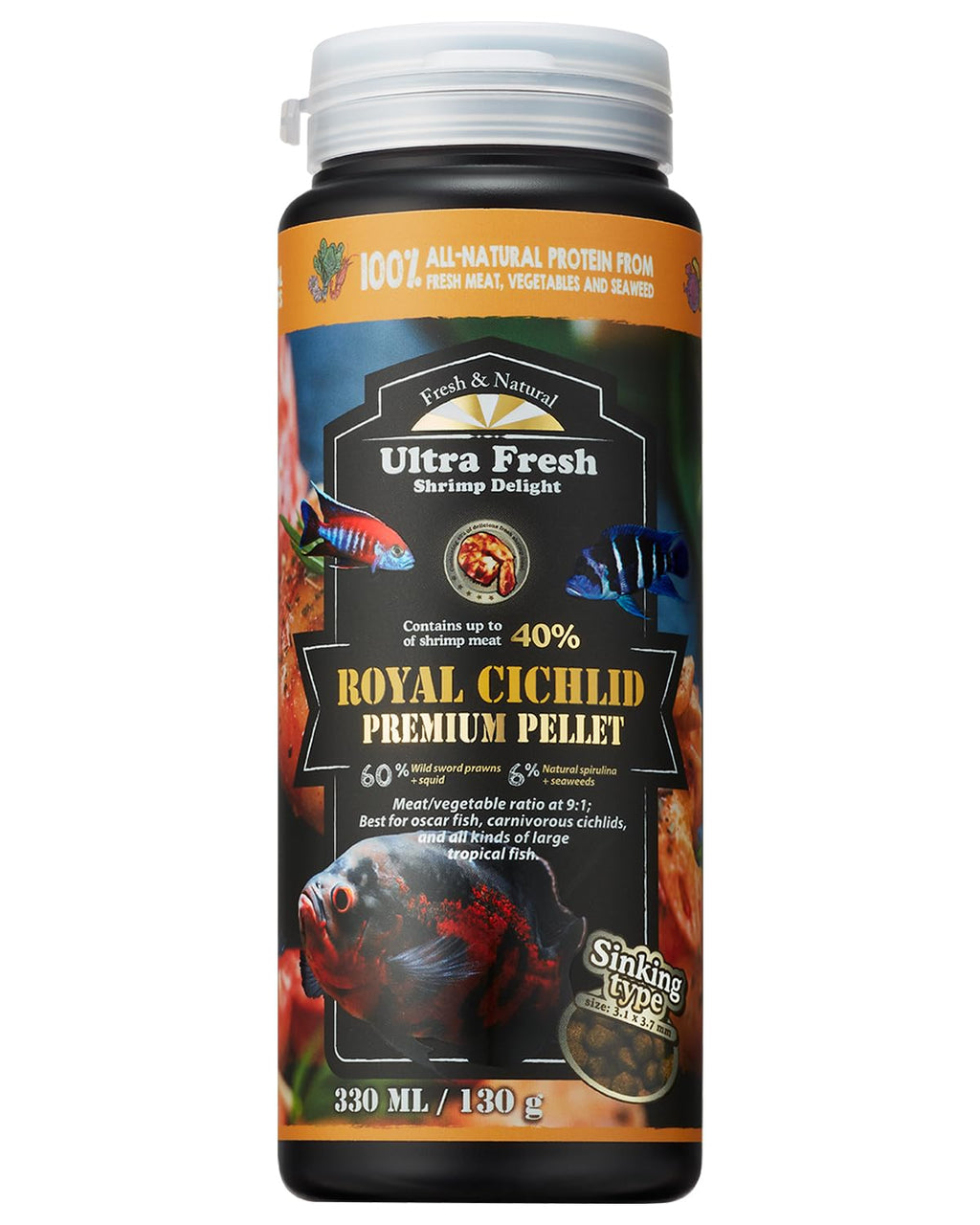 Ultra Fresh Cichlid Sinking Fish Food, Wild Sword Prawns, All Natural Ingredients, Carnivore Pellets for Large Cichlid and Tropical Fish, Royal