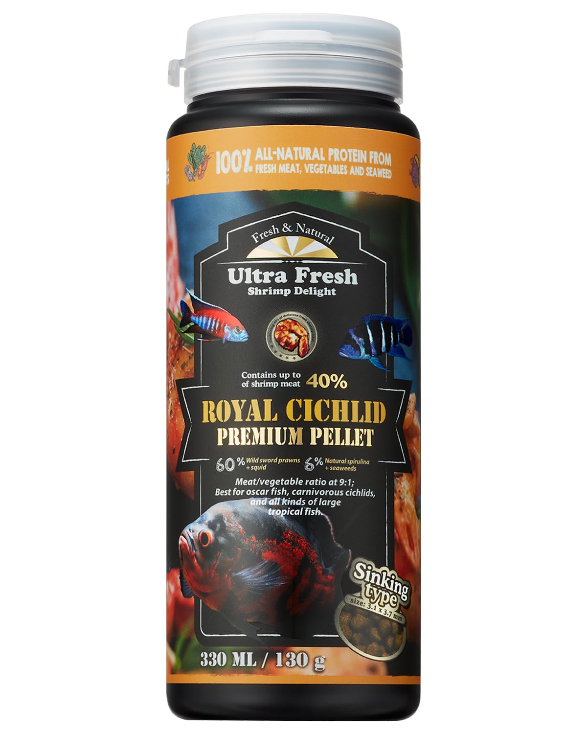 Ultra Fresh Cichlid Sinking Fish Food, Wild Sword Prawns, All Natural Ingredients, Carnivore Pellets for Large Cichlid and Tropical Fish, Royal