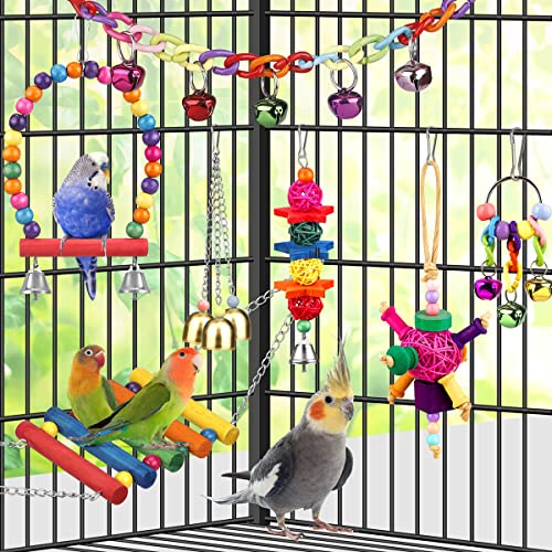 Bird Toys for Conures with Colorful Ladder Hammock Bird Cage Accerious Bird Perch Stand Chewing Toys Hanging Bell for Parrot Parakeet Cockatiel