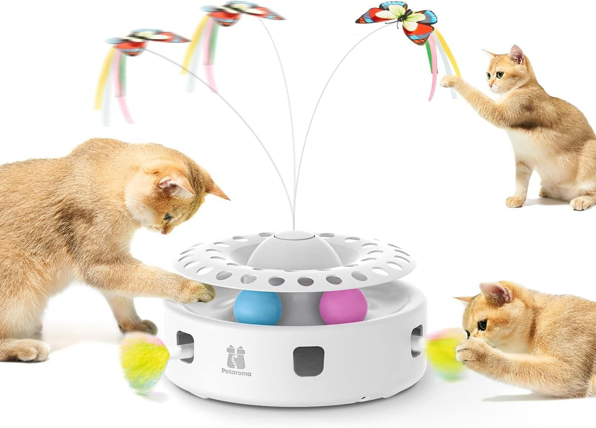 Potaroma Cat Toys 3in1 Automatic Interactive Kitten Toy, Fluttering Butterfly, Moving Feather, Track Balls, Dual Power Supplies, USB Powered, Indoor