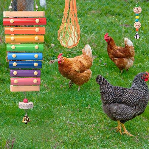 Chicken Toys for Coop 12PCS Set, KAKUNM Chicken Enrichment Toys，Including Xylophone, Swing Set, Mirror Toy, Flexible Ladder, Vegetable String Bag and