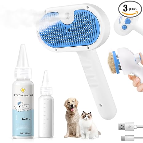 Pet Steam Brush for Dog & Cat - 3-in-1 Steam Grooming Brush for Shedding & Hair Removal - Self Cleaning Spray Comb with Mist for Long Haired Pets