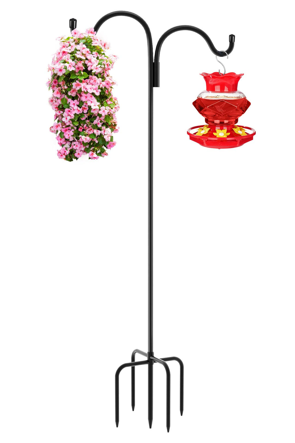 Gtongoko Double Shepherds Hook for Outdoor, 92 Inch Bird Feeder Pole with 5 Prongs Base, 5/8 Inch Thick Heavy Duty Adjustable Garden Hook for Hanging
