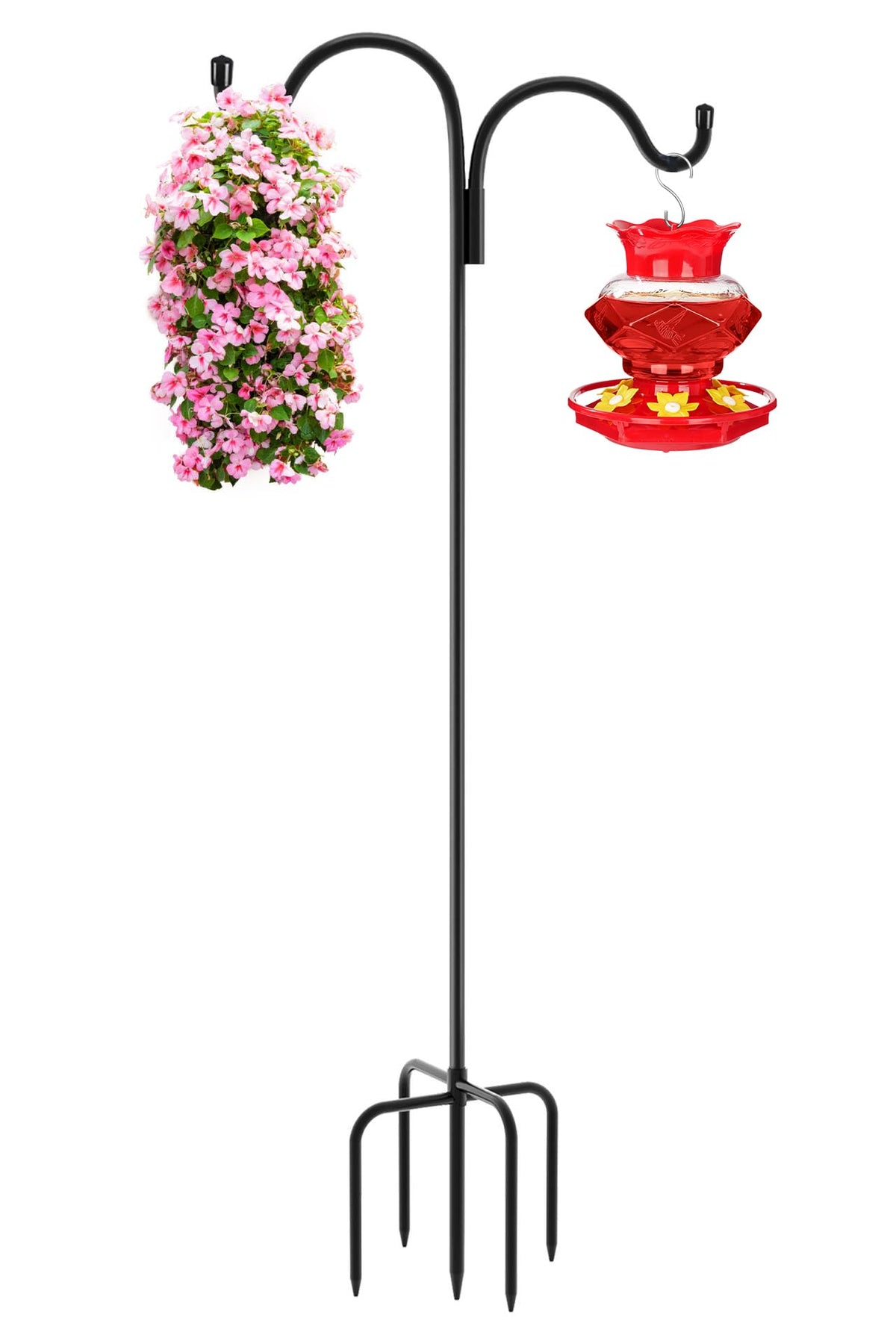 Gtongoko Double Shepherds Hook for Outdoor, 92 Inch Bird Feeder Pole with 5 Prongs Base, 5/8 Inch Thick Heavy Duty Adjustable Garden Hook for Hanging