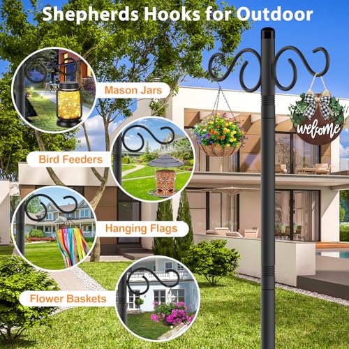 Adjustable Shepherd Hooks for Outdoor, 2 Pack 80 Inch 5 Prong Base Bird Two Sided Feeder Poles, Heavy Duty Shepherds Hook, Suitable for Garden in
