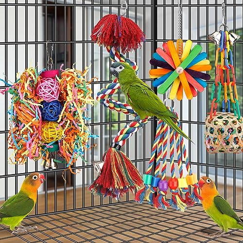 Bird Toys Rope Perch with Bell Colorful Bird Chewing Shredding Foraging Toys Parrot Swing Climbing Standing Hanging Toys Cage Accessories for Conure