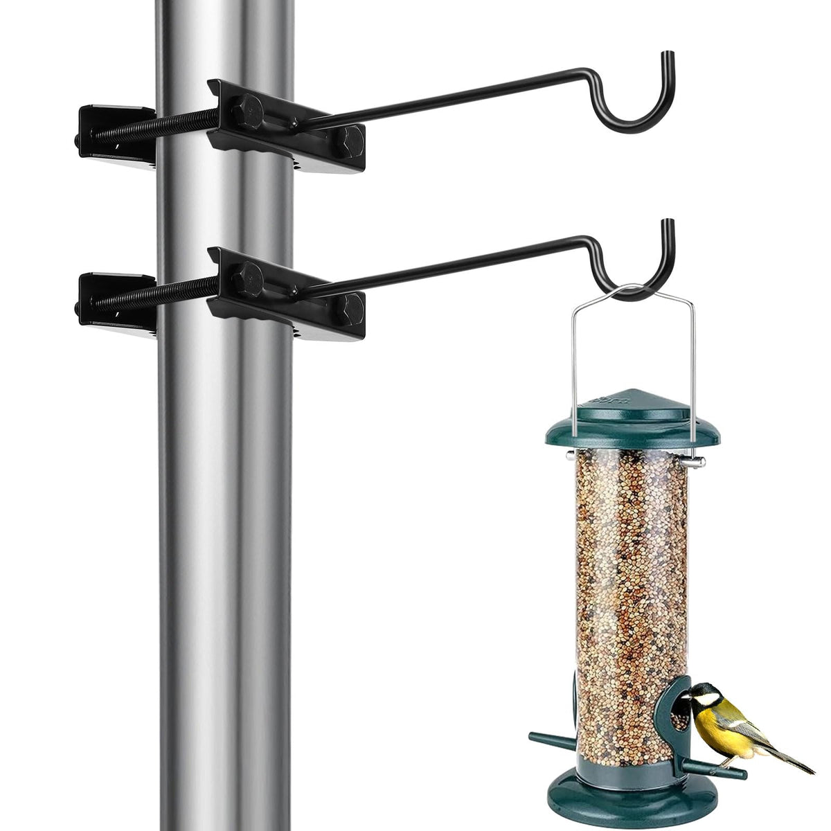 2 Pack Bird Feeder Hanger Hook, Metal Clamp-On Deck Hook for Railing Pole, Outdoor Hanging Bracket for Plant, Camping Lantern Rack, Windproof Tree