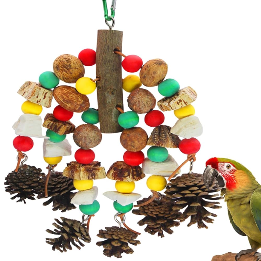 MQUPIN Parrot Toys, Nuts Nutrient-Rich Bird Toys,Natural Wooden Parrot Cage Bite Toy,Chewing Toy Containing Cuttlefish Bones,Pine Cones,Wooden
