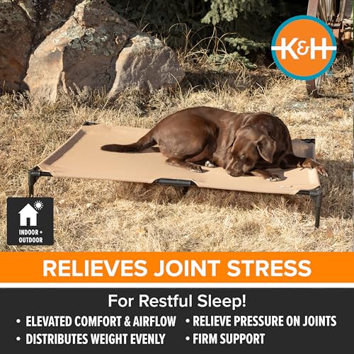 K&H Outdoor Elevated Dog Bed - Cooling Raised Dog Bed for Small & Medium Pets, Breathable Mesh Hammock Design, Indoor/Outdoor Washable Cover, Portable Metal Frame, Tan, Medium 32x25in