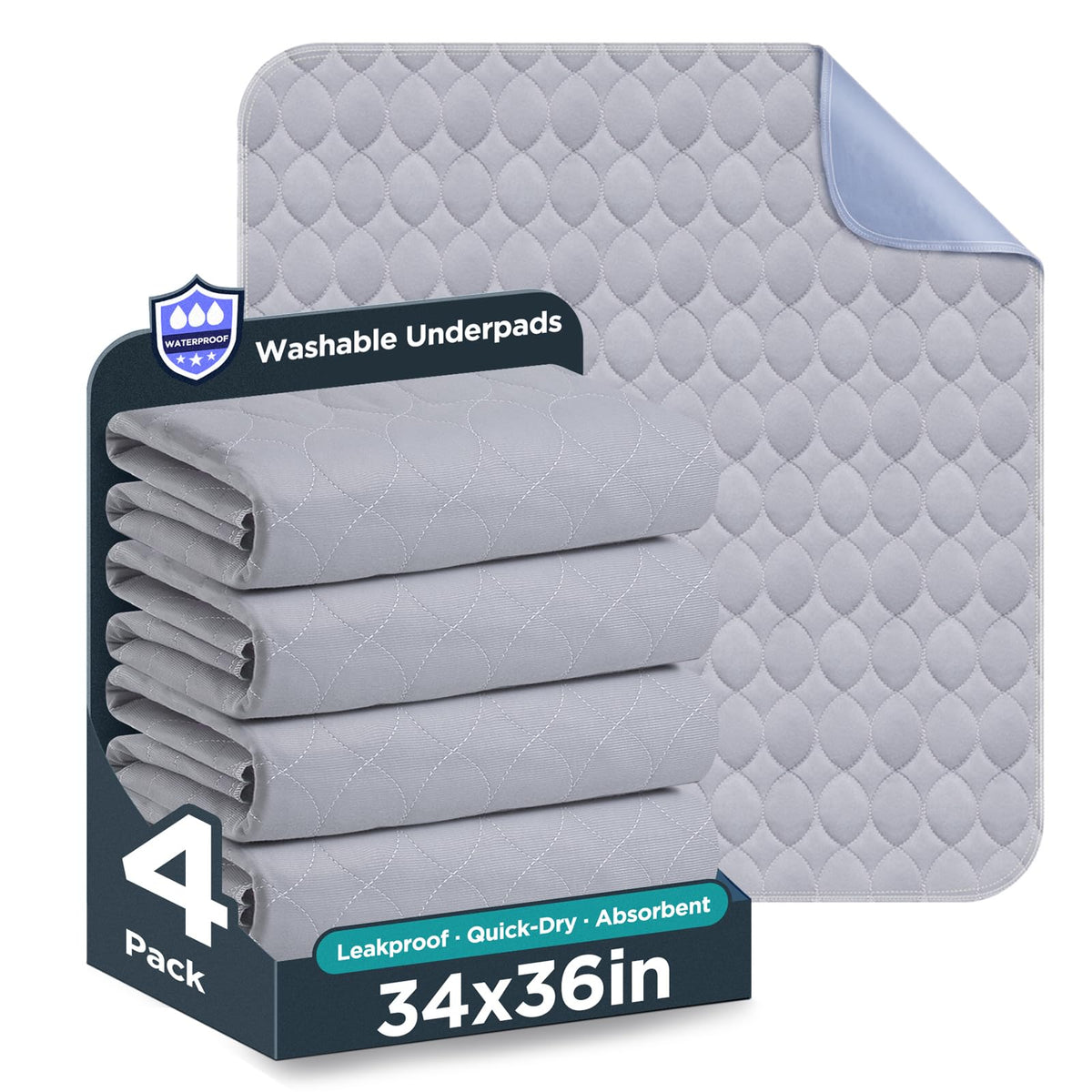 Washable Bed Pads 34" x 36" - 4 Pack, Grey, Waterproof Bed Pads for Incontinence, Bed Wetting Pads for Bed, Sofa, Floor, Resuable Underpads for