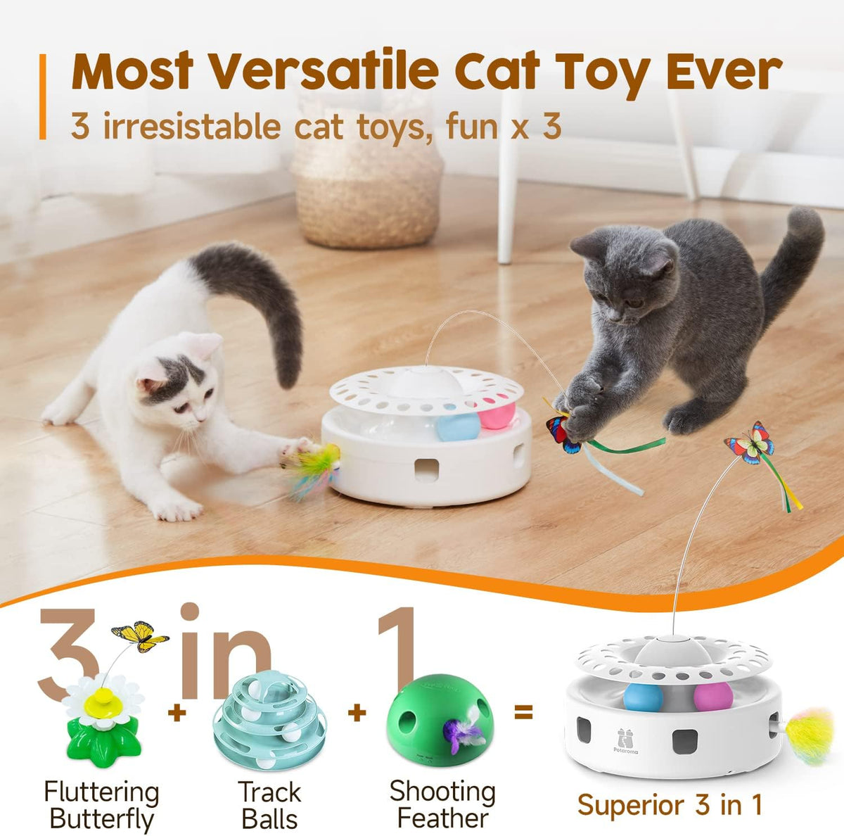 Potaroma Cat Toys 3in1 Automatic Interactive Kitten Toy, Fluttering Butterfly, Moving Feather, Track Balls, Dual Power Supplies, USB Powered, Indoor