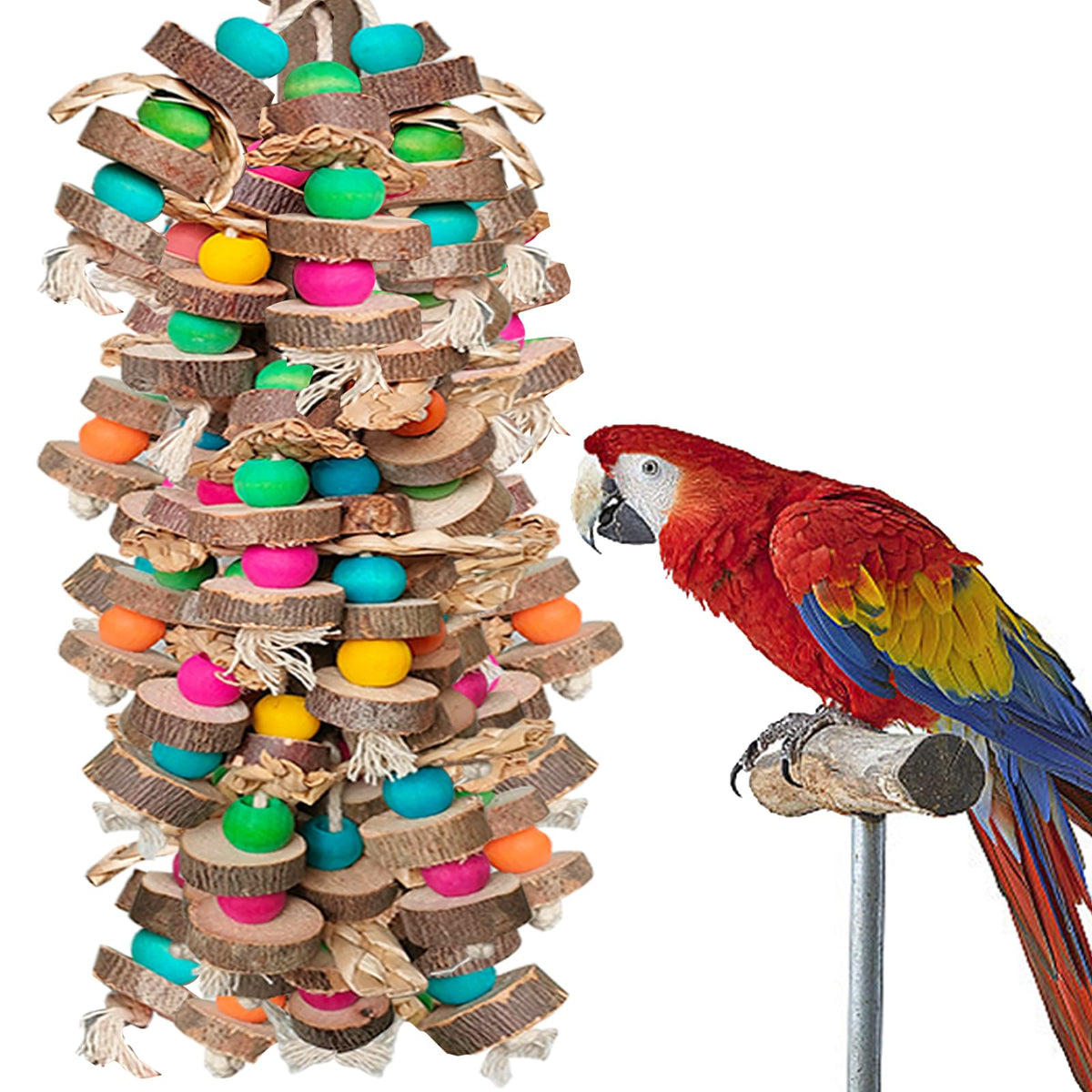 Large Bird Toys for Macaws, Multicolored Wooden Blocks Bird Chewing Toy Parrot Cage Bite Toy for Macaws Cokatoos African Grey and Large Medium Parrot