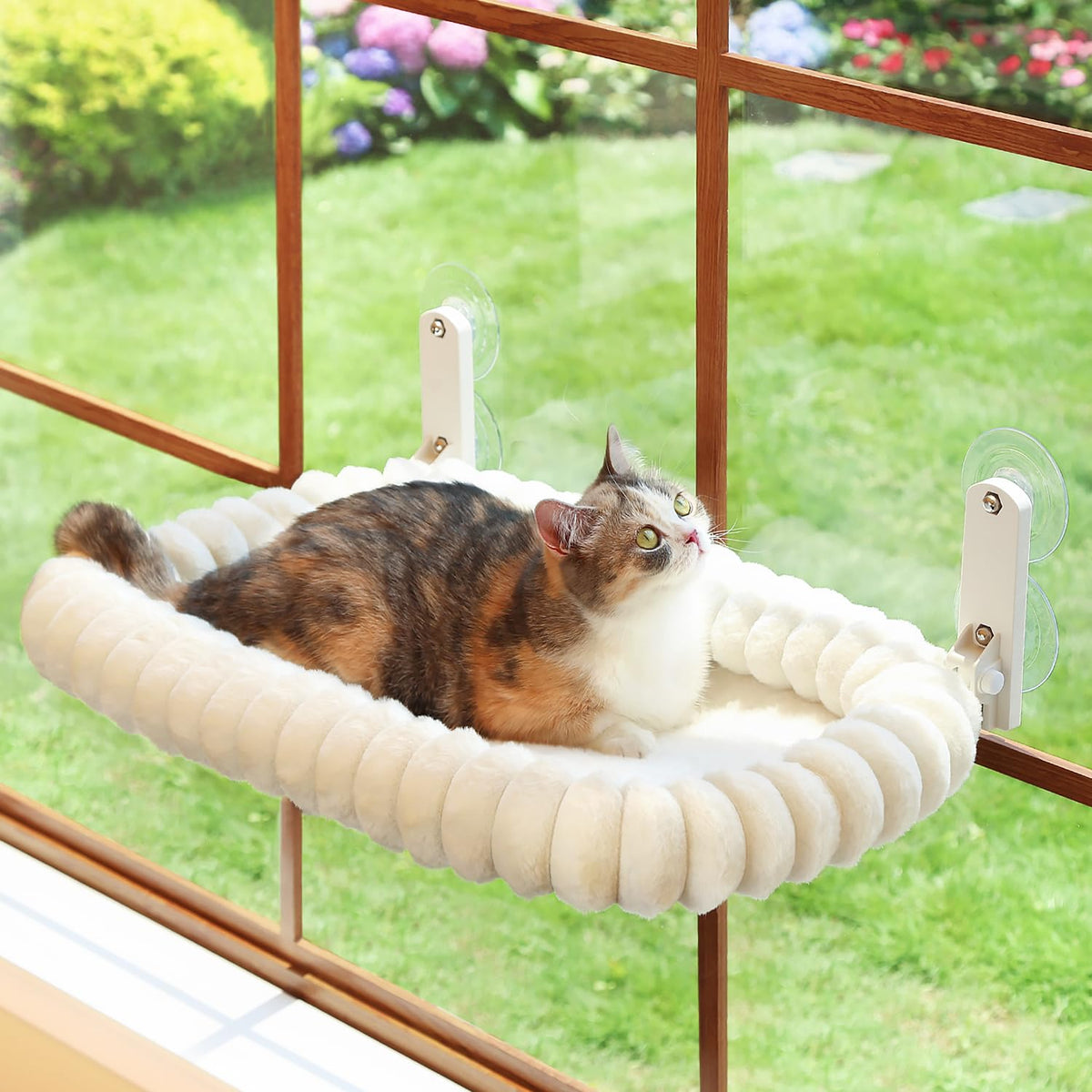 Zakkart SnugCloud Foldable Cat Window Perch - Cordless, Ultra Soft Machine Washable Bed with 4-Sided Bolster, Metal Frame - Window Hammock for Large