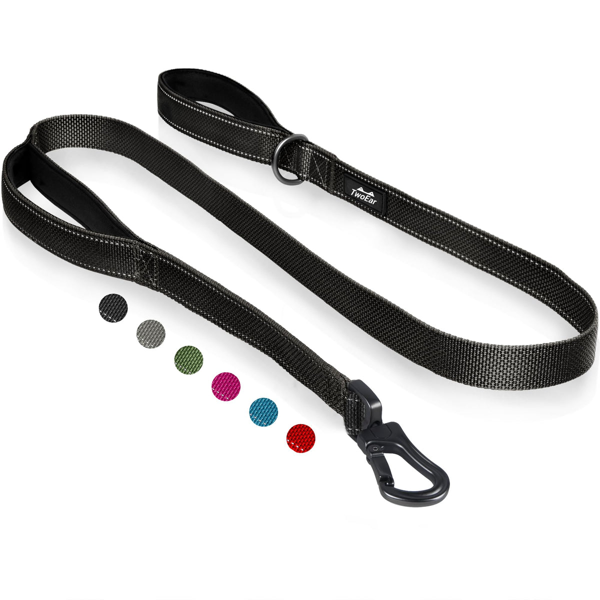 TwoEar 6FT 1IN Strong Black Dog Leash with 2 Padded Handles, Traffic Handle Extra Control, Comfortable Soft Dual Handle, Auto Lock Hook, Reflective