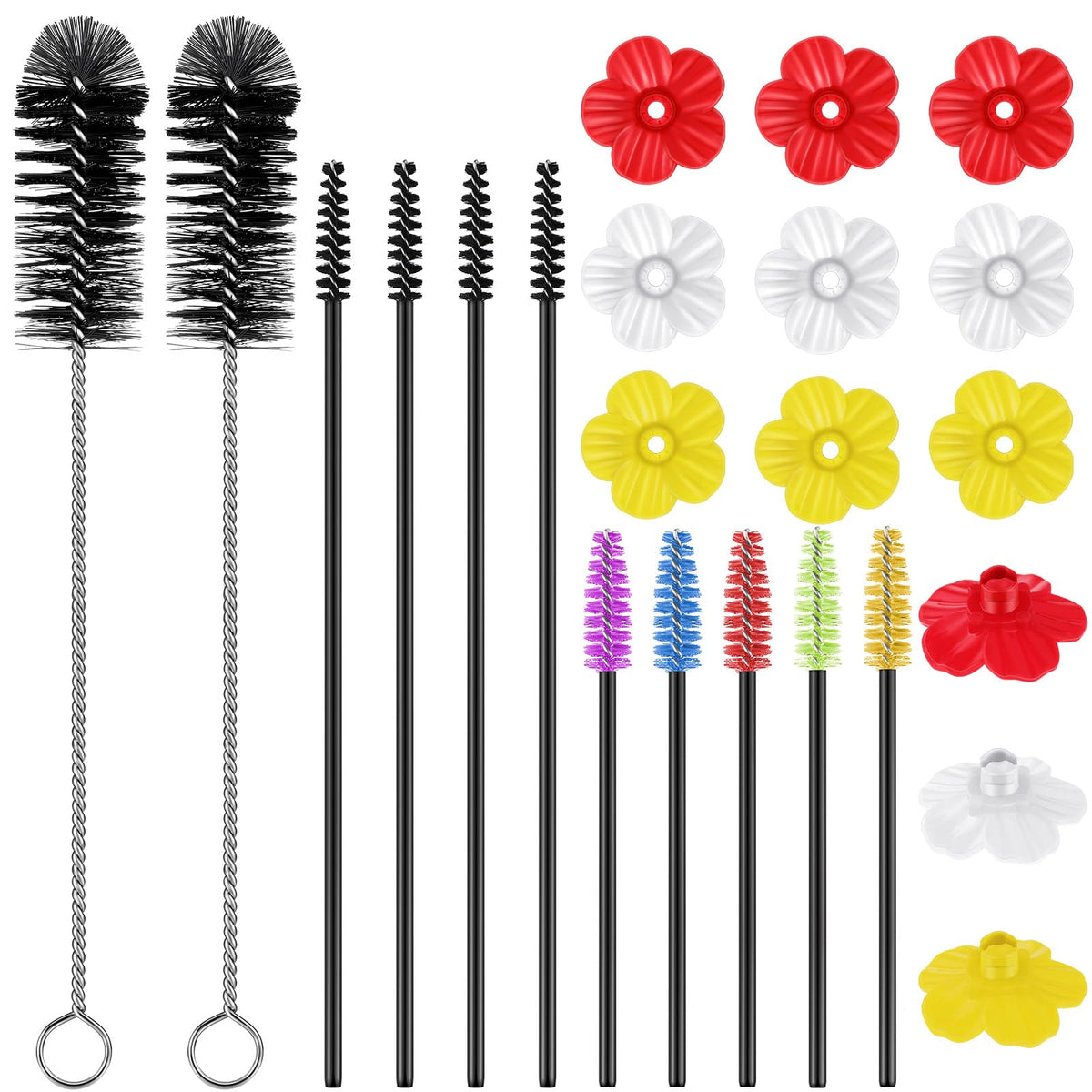 38 Pcs 3 Size Hummingbird Feeder Cleaning Brush Mini Nylon Tube Brush with 16 Flowers Bird Replacement Parts Double Headed Brushes for Bottle Feeding