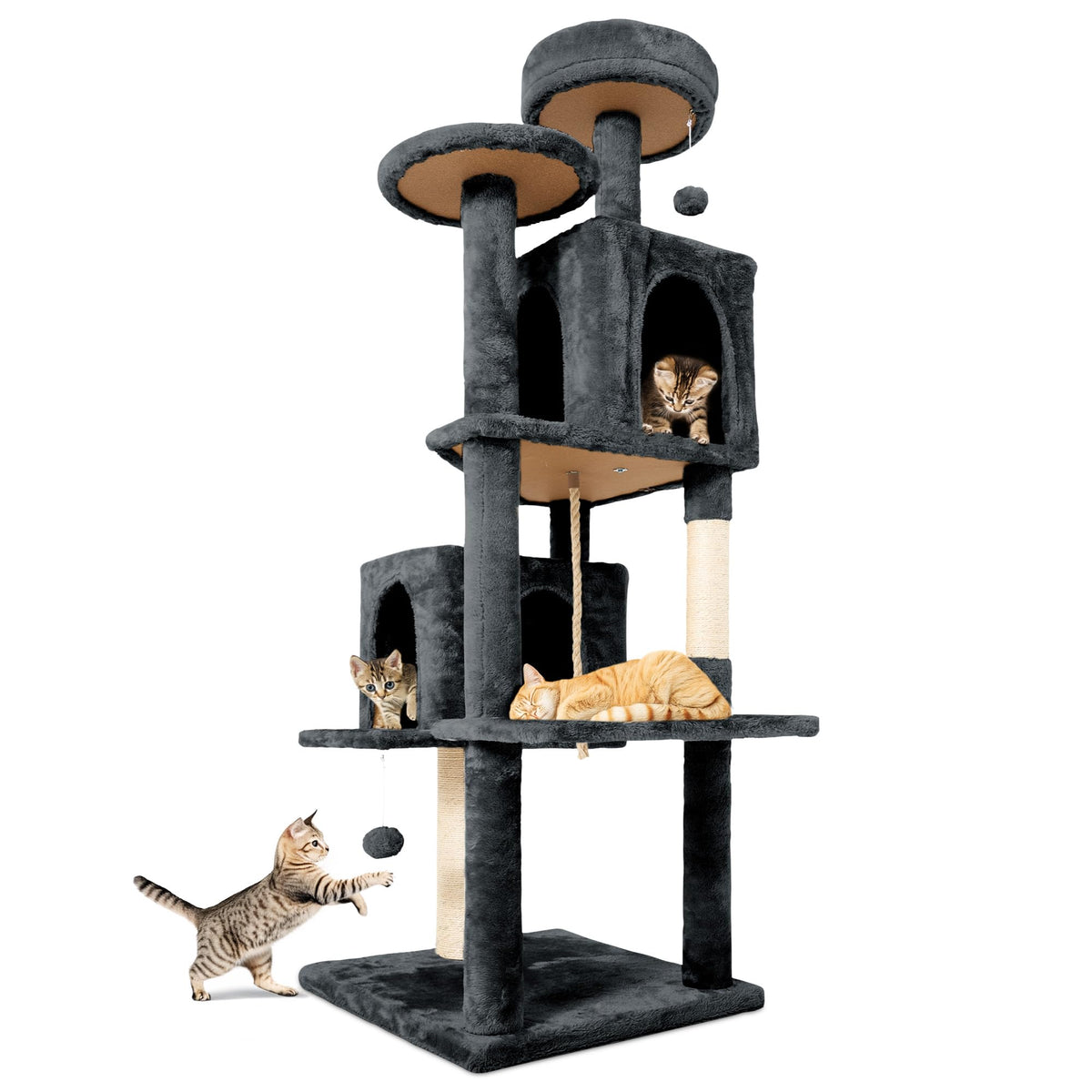 58.5inch Large Cat Tree Tower Condo for Indoor Cats, Soft Plush Multi-Level Climbing Tree Cat House with 1 360° Rotating Cat Cave, Scratching Post