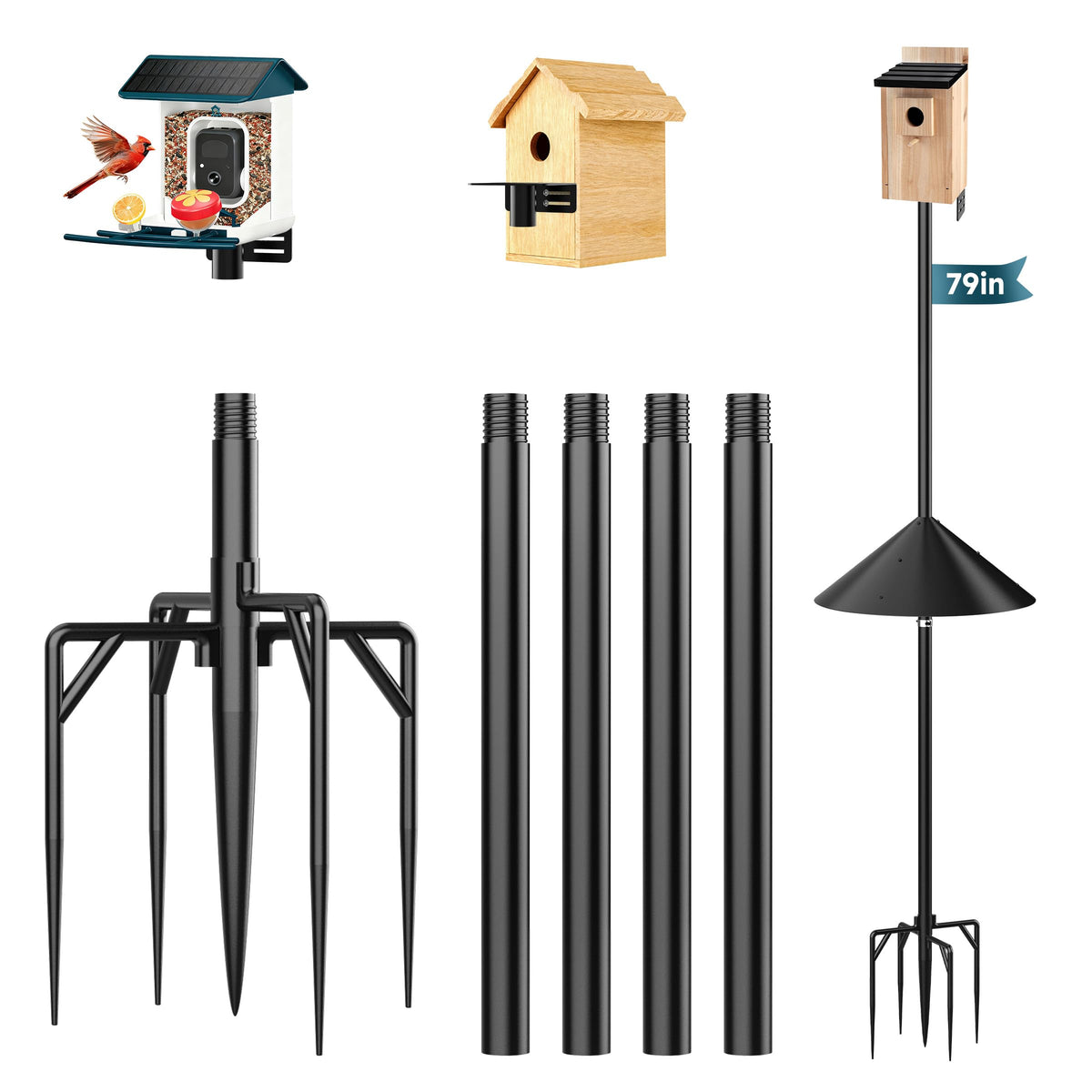 Smart Bird Feeder Pole Stand with Proof Squirrel Baffle - Dia 1 Inch Bird House Pole 79", Feeding Station for Outdoors Heavy Duty, Compatible Post