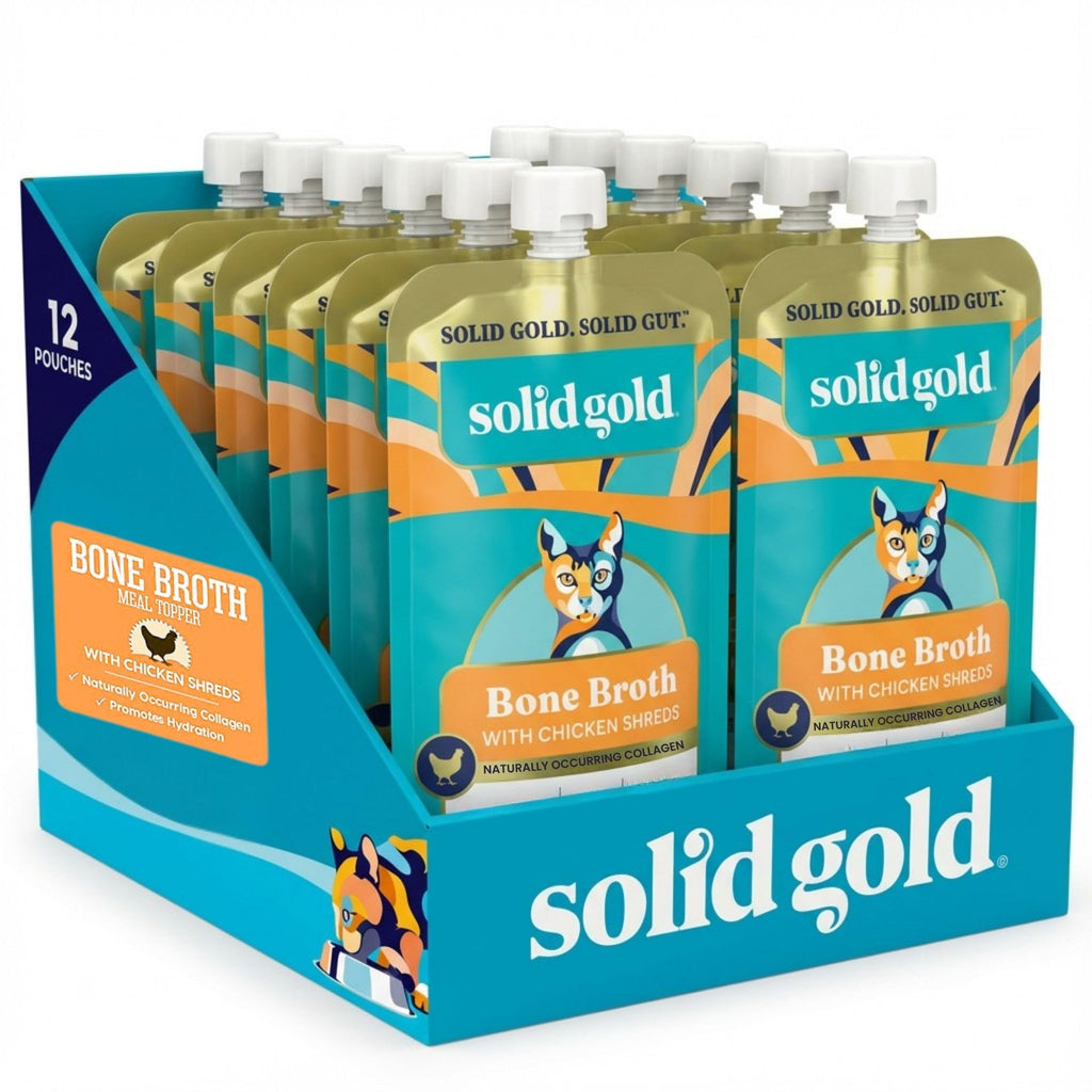 Solid Gold Bone Broth Cat Food Topper - Limited Ingredient Lickable Cat Broth Pouches w/Chicken Protein Shreds & Collagen for Hydration & Gut Support