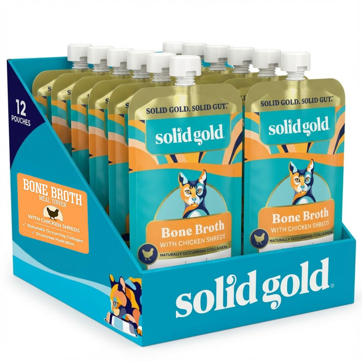 Solid Gold Bone Broth Cat Food Topper - Limited Ingredient Lickable Cat Broth Pouches w/Chicken Protein Shreds & Collagen for Hydration & Gut Support