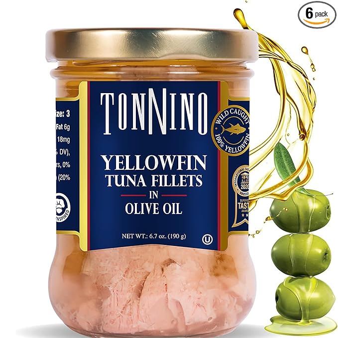 Tonnino Yellowfin Tuna Fish Premium - Olive Oil – Pack of 6 – Alternative to Salmon – Protein Snacks – Ready to Eat Meals in Glass Jar