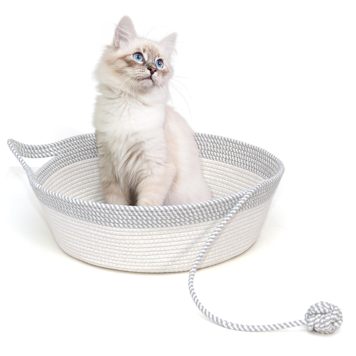 Cotton Rope Woven Cat Bed Basket, Hand Woven with Toy Tail, Small Dogs & Puppies Sleeping Bed, Indoor Cat & Rabbit Basket (Large, Gray & White)