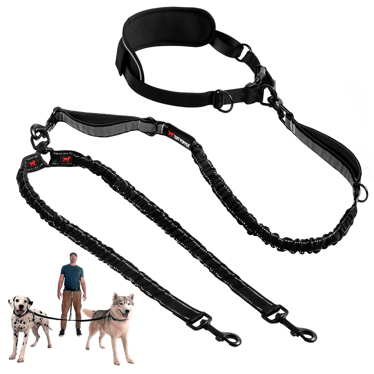 Tuff Pupper Heavy Duty Hands Free Bungee Dog Leash | Two Large Dogs Up to 250 lbs | Comfortable Shock Absorbing Bungee | Reflective Dual Padded