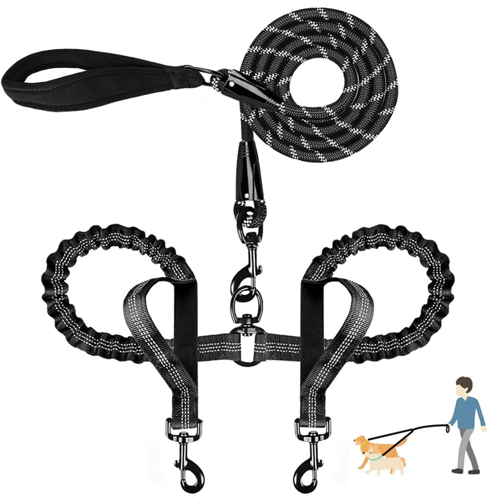 Durable Double Dog Leash Two Dog Leash No Tangle with Padded Handles & Reflective Strips for Medium Large Dogs, Comfortable Shock Absorbing Bungee